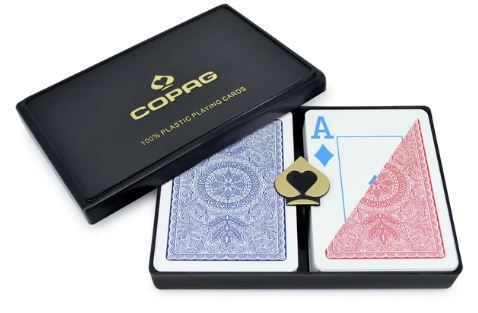 Copag Four Color Index 100% Plastic Playing Cards - Poker Size, Jumbo Index, Red/Blue 2 Deck Set main image